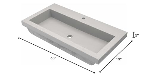 Ash-colored rectangular trough bathroom sink, 36" wide x 19" deep, with single faucet hole and drain opening.