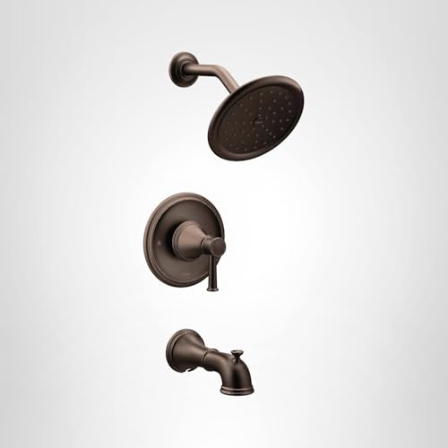 Oil rubbed bronze tub/shower trim kit with round showerhead, control handle, and tub spout against white background.