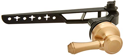 Bronze tank lever with decorative black metal arm and mounting hardware for traditional toilet tank.