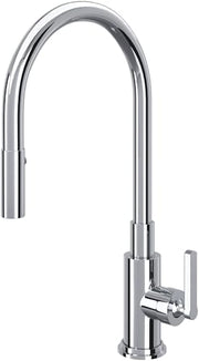 Polished chrome pull-down kitchen faucet with curved spout and single lever handle.