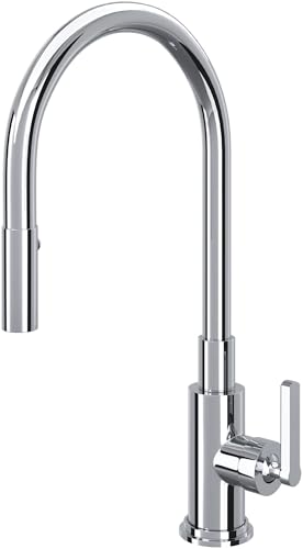 Polished chrome pull-down kitchen faucet with curved spout and single lever handle.
