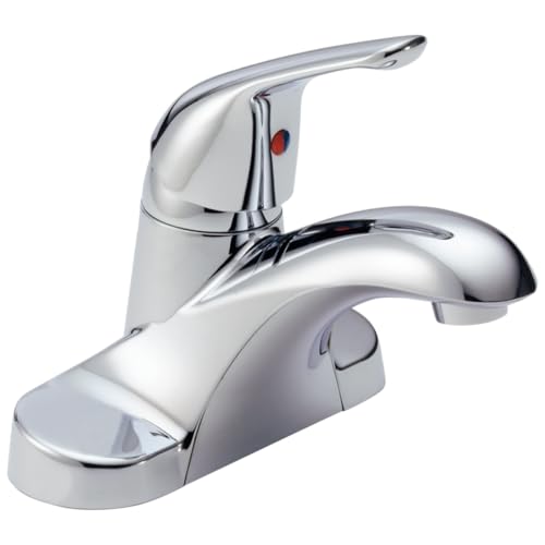 Chrome single-handle bathroom faucet with curved spout and centerset mounting base.