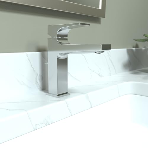 Chrome single-hole bathroom faucet with lever handle on marble countertop.