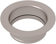 Satin nickel disposal flange with recessed rim and circular opening for sink mounting.