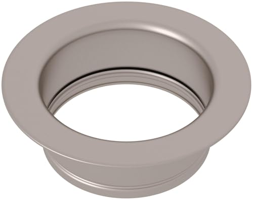Satin nickel disposal flange with recessed rim and circular opening for sink mounting.
