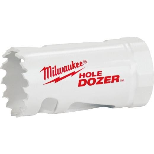 Milwaukee Hole Dozer bi-metal hole saw with serrated cutting edges and white cylindrical body.