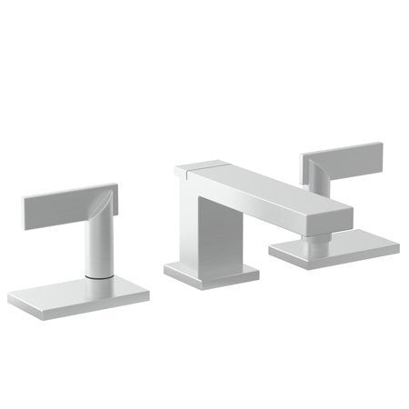 Satin nickel three-piece widespread bathroom faucet with angular spout and lever handles on square bases.