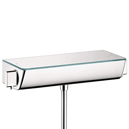 Chrome wall-mounted single-handle faucet trim with rectangular base plate and integrated shelf.