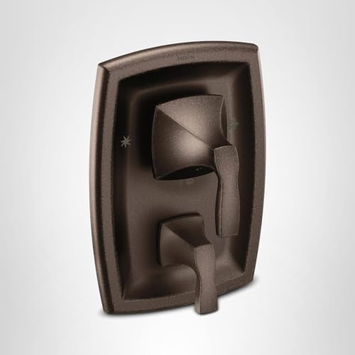 Oil rubbed bronze Moen Voss shower valve trim kit with Posi Temp technology and three-function transfer valve control.