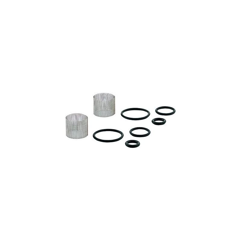 Chrome seal kit containing two mesh strainers and six black rubber O-rings in various sizes.