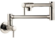 Polished nickel wall-mounted pot filler faucet with articulated arm and single lever handle.