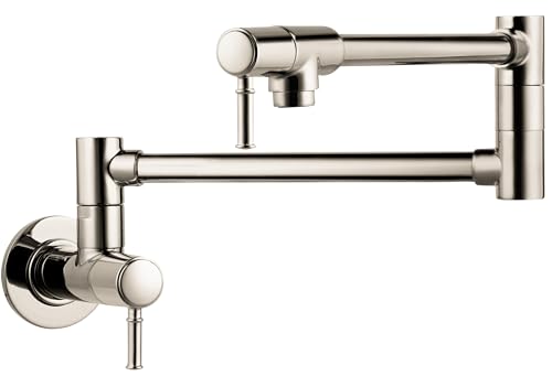 Polished nickel wall-mounted pot filler faucet with articulated arm and single lever handle.