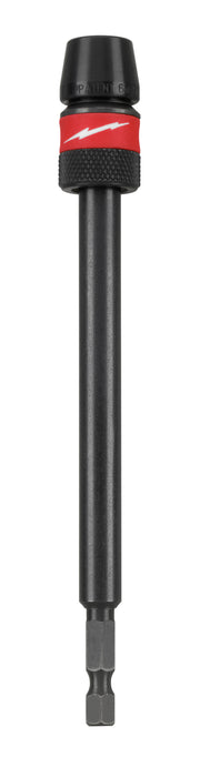 Black hex extension bit with red band and black knurled grip collar, 1/4-inch drive with hex socket end.
