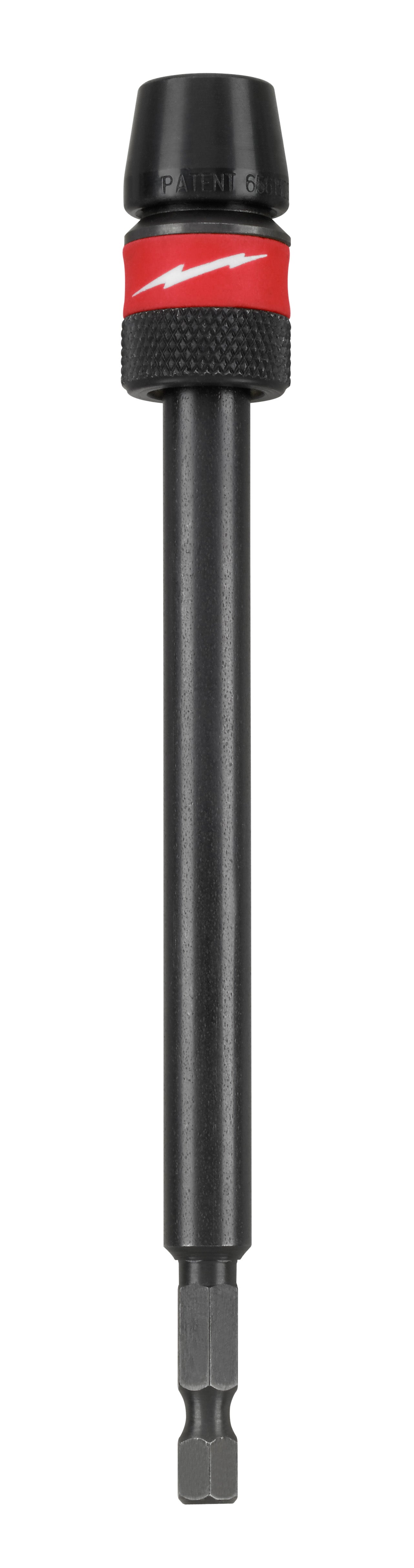 Black hex extension bit with red band and black knurled grip collar, 1/4-inch drive with hex socket end.
