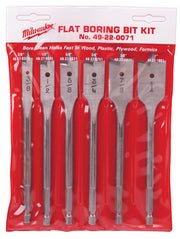 Six Milwaukee flat boring bits in sizes 3/8", 1/2", 5/8", 3/4", 7/8", and 1" with red handles and metal shafts in retail pack