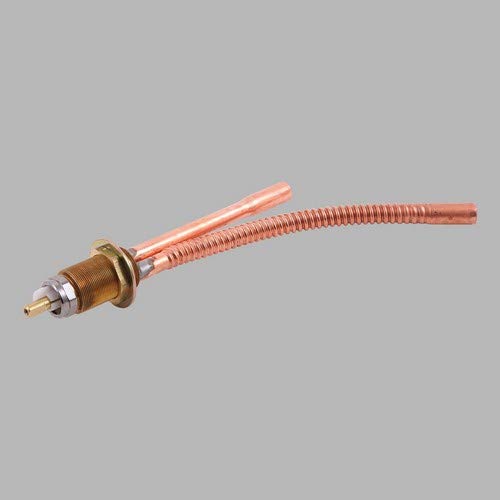 Copper valve assembly with brass cartridge and flexible tubing connector on gray background.