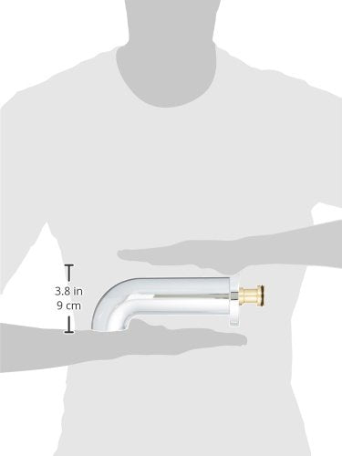 Chrome tub spout with curved design and brass connection fitting, 3.8 inches long.