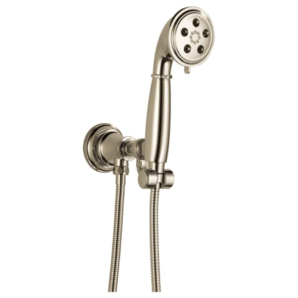 Brushed nickel wall-mounted handshower with round showerhead, flexible hose, and wall bracket.