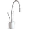 White contemporary instant hot and cold water faucet with curved spout and white base unit.