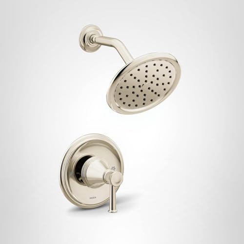 Polished nickel shower trim kit with round showerhead, curved arm, and lever handle valve control.