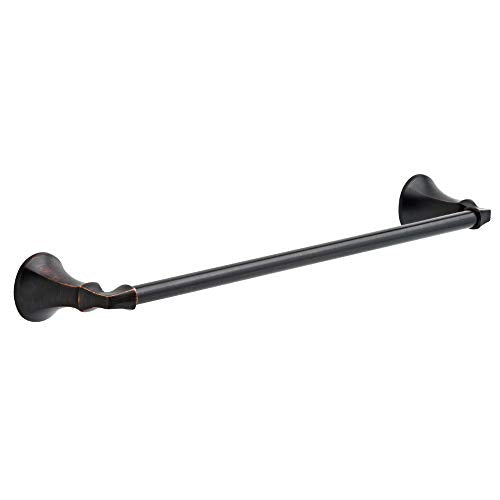Black metal towel bar with circular wall mounts on each end, approximately 18 inches long.