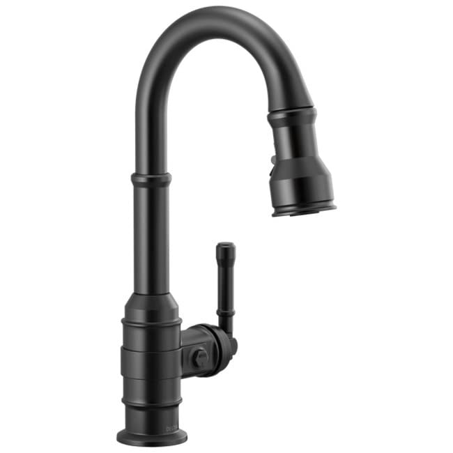 Black single-handle pull-down kitchen faucet with curved spout and side lever control.