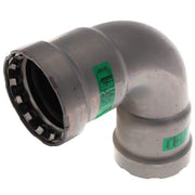 Silver metallic 90-degree elbow fitting with green label bands and press-fit connectors on both ends.