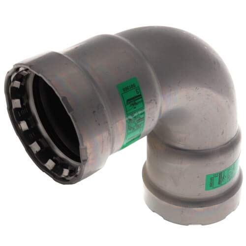 Silver metallic 90-degree elbow fitting with green label bands and press-fit connectors on both ends.