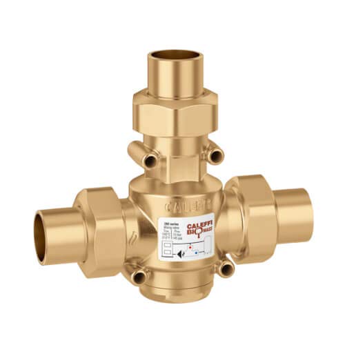 Brass anticondensing valve with 1-1/4" sweat connections and top union fitting, small ports on sides.