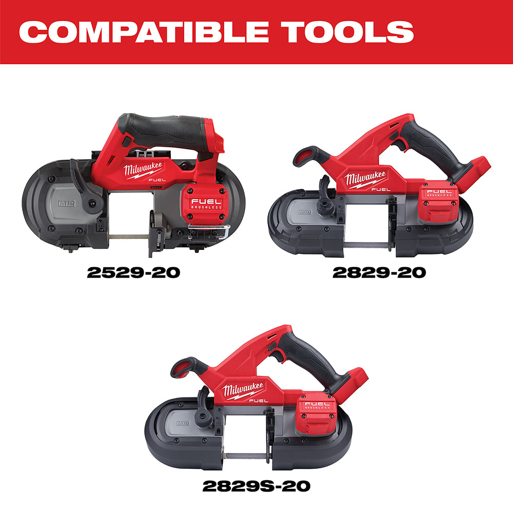 Three red and black Milwaukee compact band saws with model numbers 2529-20, 2829-20, and 2829S-20 displayed front-facing.