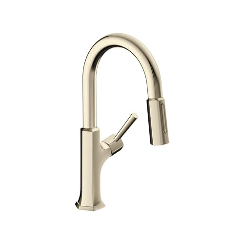 Polished nickel kitchen faucet with curved pull-down spout and single lever handle.