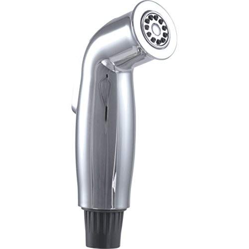 Chrome spray assembly with angled head and circular spray face with multiple jet holes.