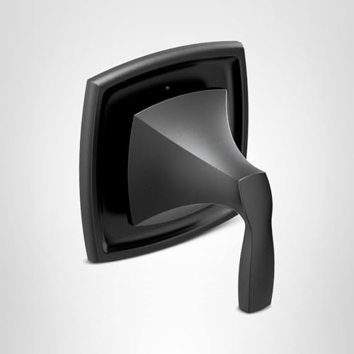 Matte black shower diverter valve trim with curved square escutcheon and single lever handle.