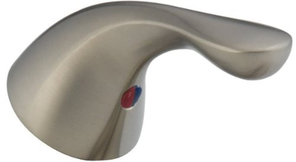 Stainless steel single-handle bathroom faucet lever with curved design and red temperature indicator dot.