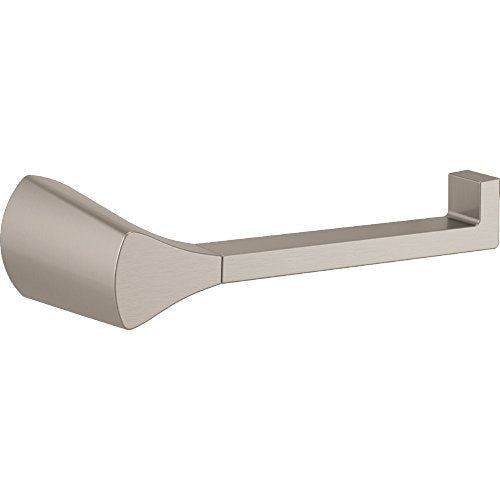Brushed nickel tissue holder with curved paper roll housing and wall-mounted bracket.