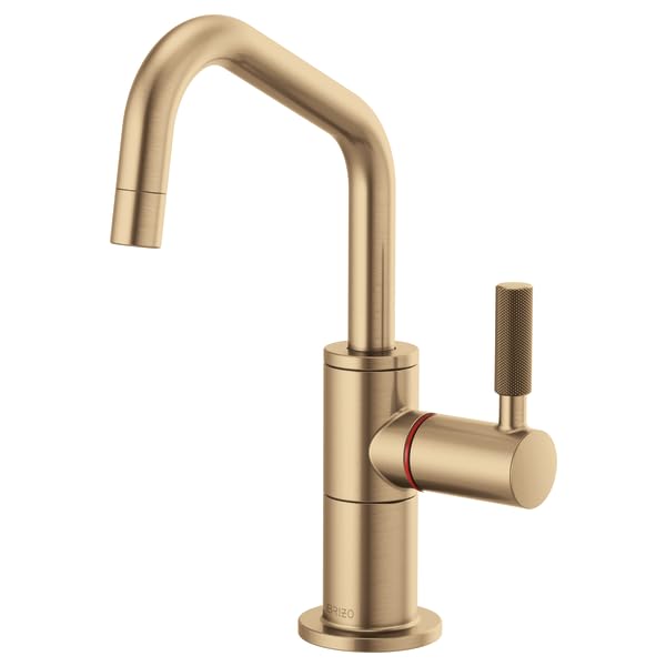 Gold-tone instant hot water faucet with angled spout, cylindrical body, and knurled side handle.