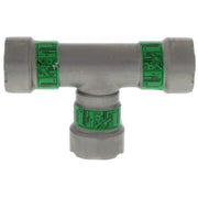 Viega MegaPress tee fitting with gray carbon steel body and green press bands on three connection points.