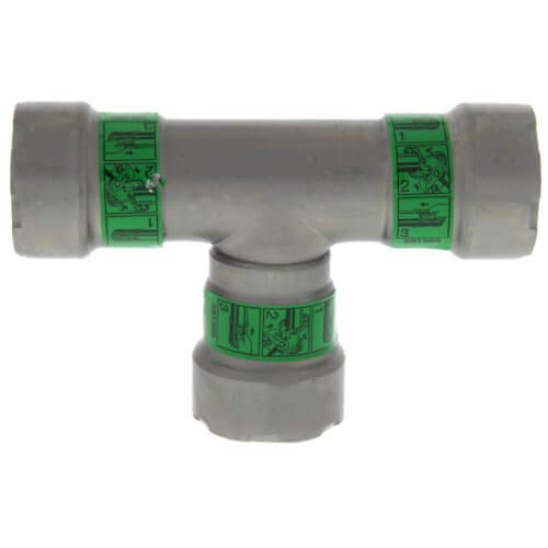 Viega MegaPress tee fitting with gray carbon steel body and green press bands on three connection points.