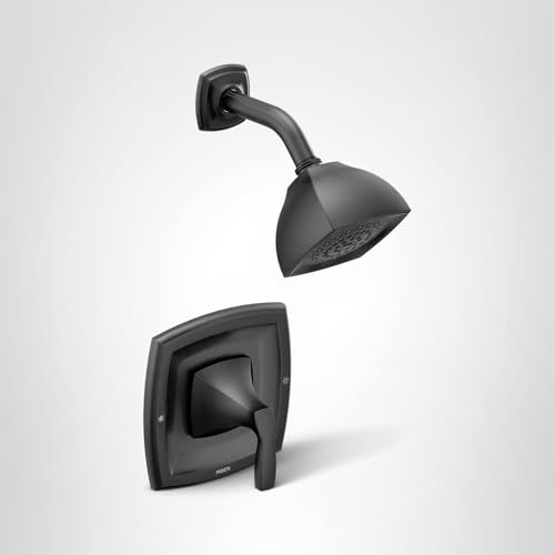 Matte black shower trim kit with curved showerhead and single lever handle valve.