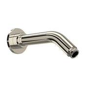 Polished nickel wall-mounted shower arm with curved spout and circular mounting flange.