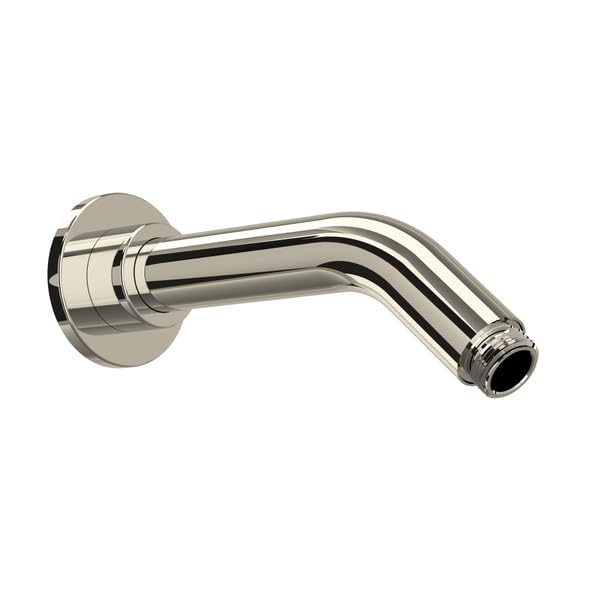 Polished nickel wall-mounted shower arm with curved spout and circular mounting flange.
