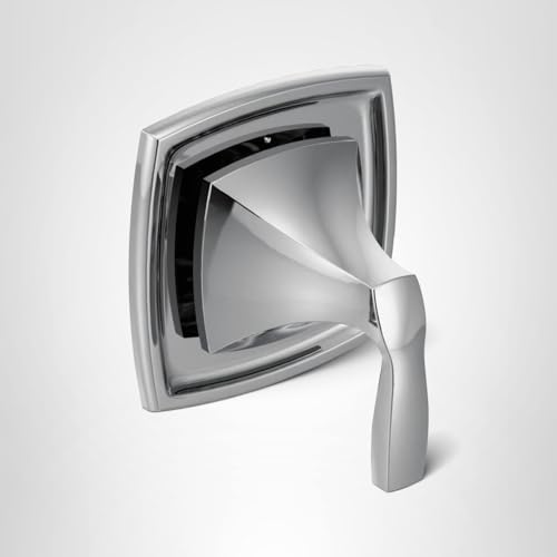 Chrome shower valve trim with curved square escutcheon plate and single lever handle in off position.