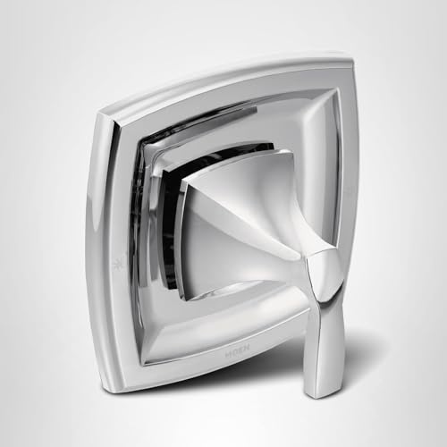 Chrome single-handle shower valve trim with square escutcheon plate and curved lever handle.