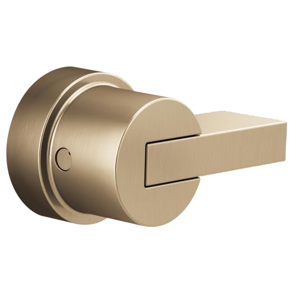 Brushed nickel thermostatic valve trim with cylindrical body, decorative ring, and rectangular lever handle.