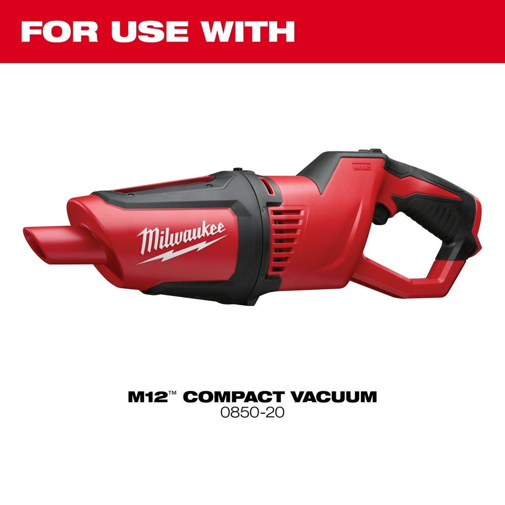 Two cylindrical dry replacement filters designed for Milwaukee M12 compact vacuum models.