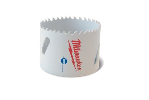 Milwaukee HOLE DOZER bi-metal hole saw with serrated cutting edge and brand logo on white cylindrical body.