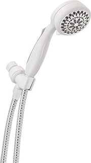 White hand shower with circular perforated face attached to flexible hose with connector bracket.