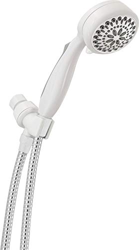 White hand shower with circular perforated face attached to flexible hose with connector bracket.