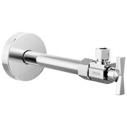 Chrome angled supply stop valve with lever handle and wall mounting plate.