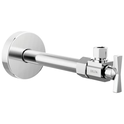 Chrome angled supply stop valve with lever handle and wall mounting plate.